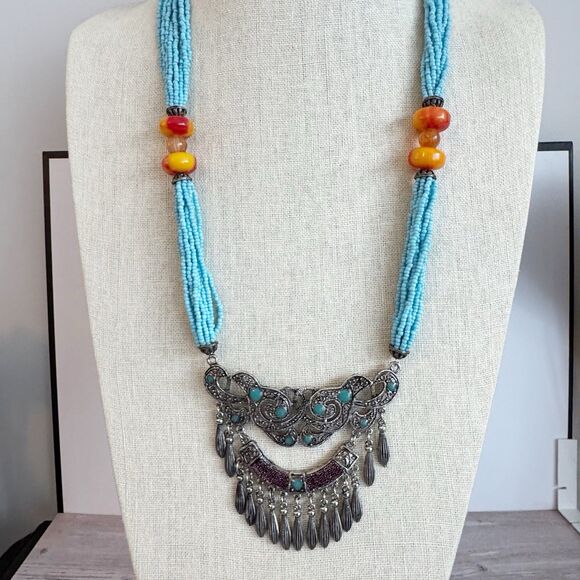 Chunky Boho Southwest Necklace Turquoise Seed Beads Faux Coral Large Pendant - Picture 3 of 10